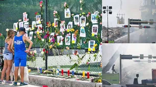 Fotos y flores por los desaparecidos del edificio que colapsó el jueves