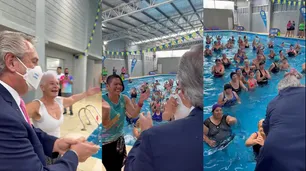 Alberto Fernández apareció de sorpresa en una clase de aquagym: "¡No me tiren al agua!"
