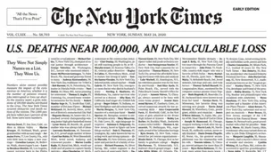 El New York Times publicó una conmovedora portada por los 100.000 muertos de coronavirus en EEUU